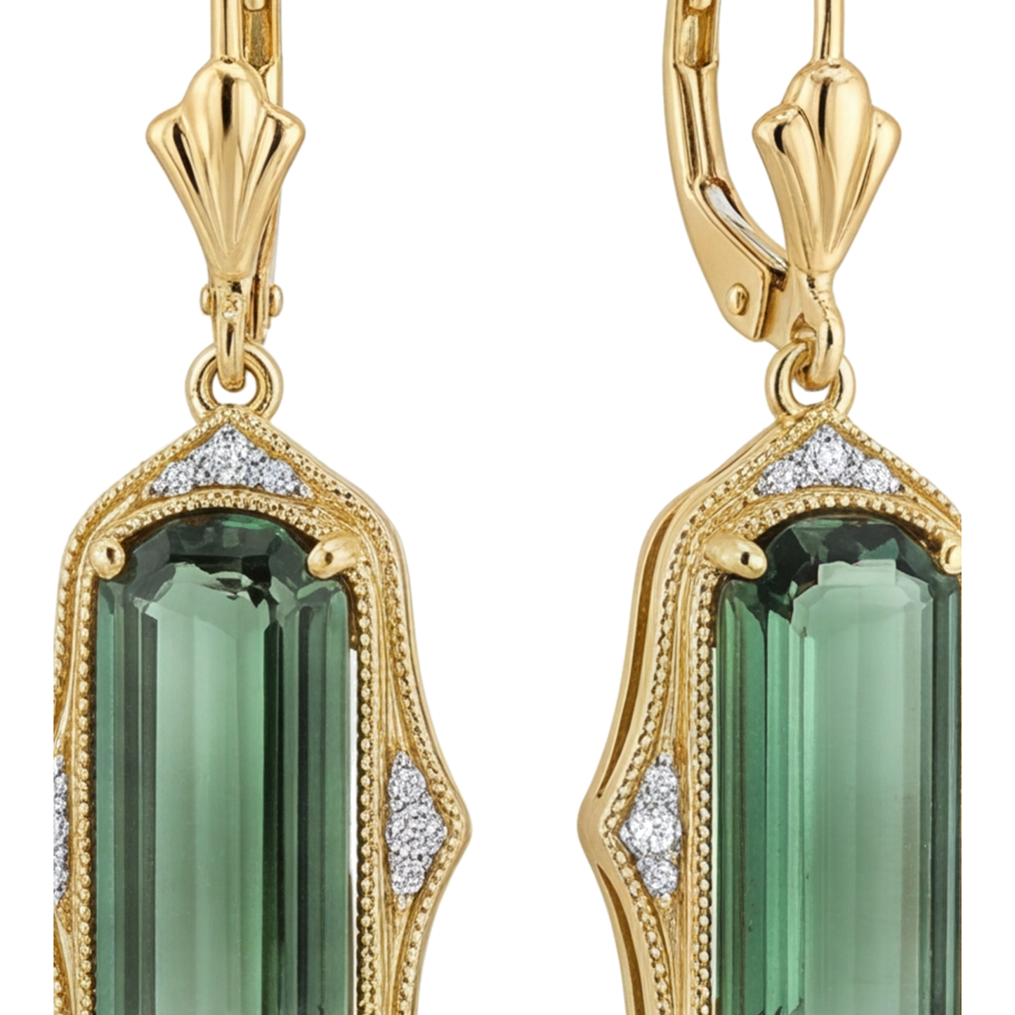 Green Tourmaline Earrings 5 Carat Lab Grown Elongated Emerald Cut Milgrain 14K Yellow Gold