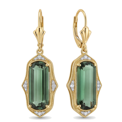 Green Tourmaline Earrings 5 Carat Lab Grown Elongated Emerald Cut Milgrain 14K Yellow Gold