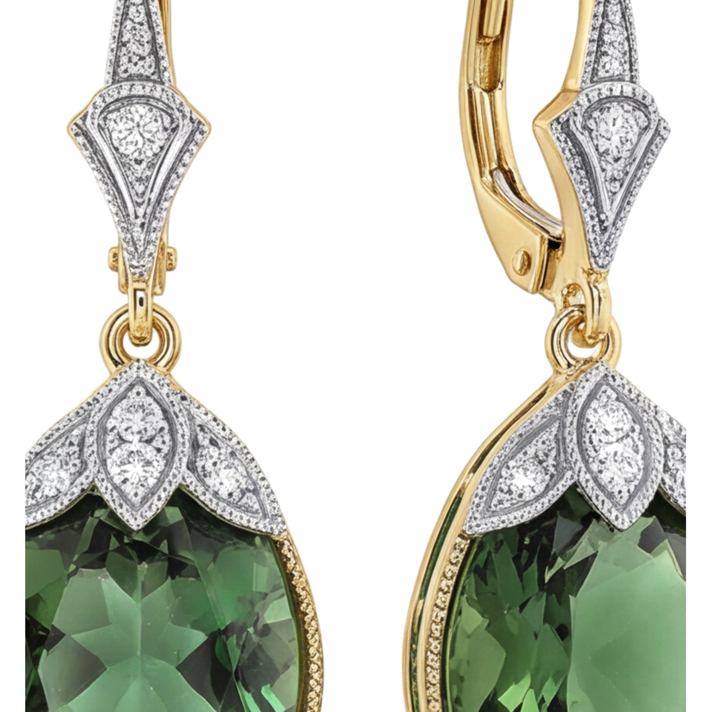Green Tourmaline Earrings 5 Carat Lab Grown Oval Milgrain Leverback 14K Yellow Gold