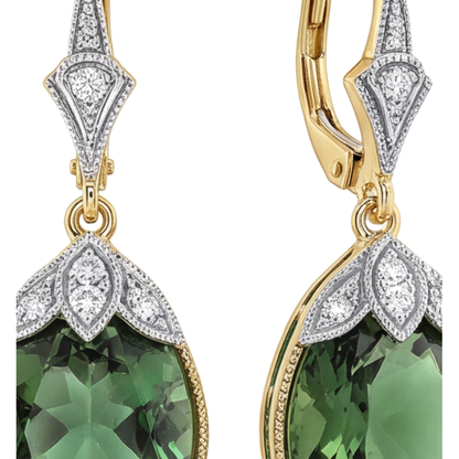 Green Tourmaline Earrings 5 Carat Lab Grown Oval Milgrain Leverback 14K Yellow Gold
