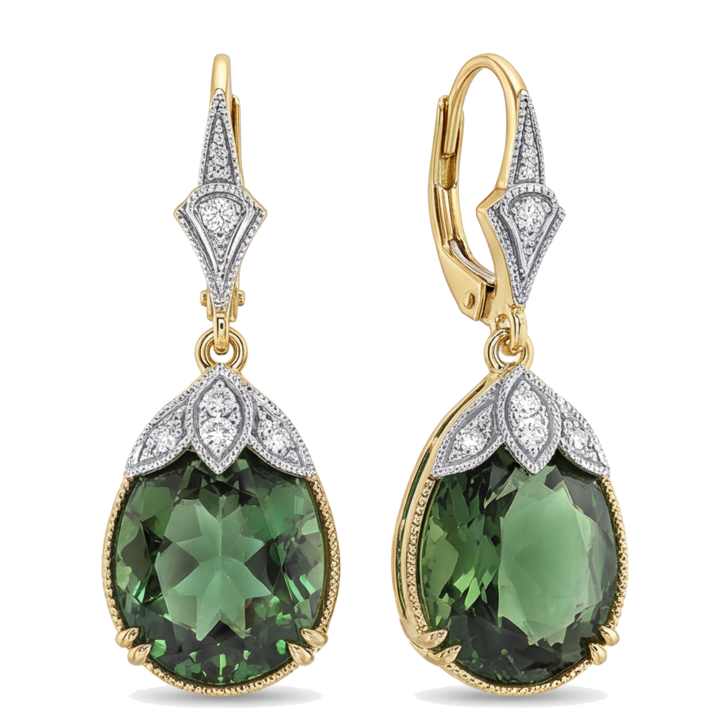 Green Tourmaline Earrings 5 Carat Lab Grown Oval Milgrain Leverback 14K Yellow Gold