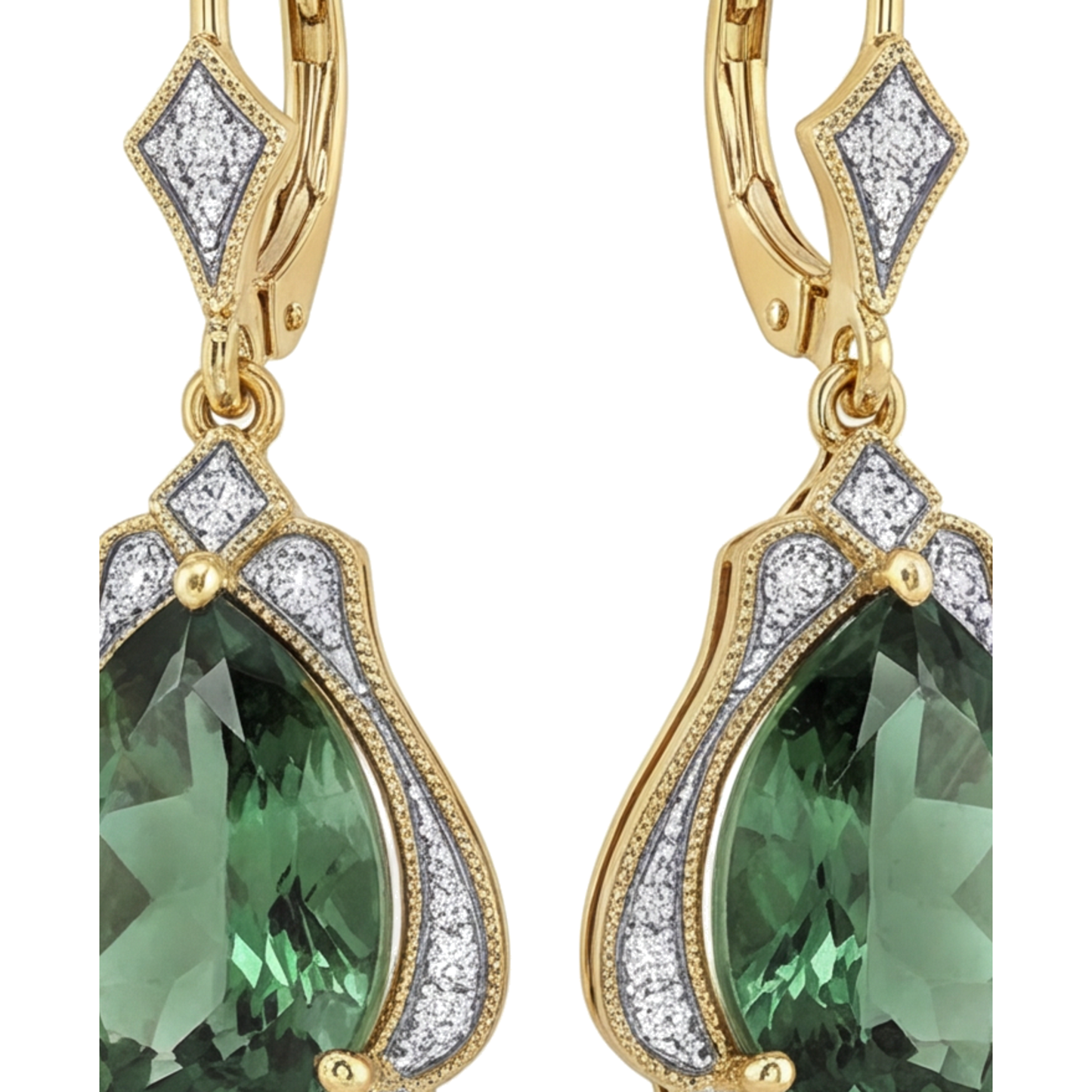 Green Tourmaline Earrings 5 Carat Lab Grown Pear Milgrain Leverback 14K Yellow Gold