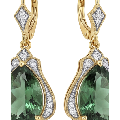 Green Tourmaline Earrings 5 Carat Lab Grown Pear Milgrain Leverback 14K Yellow Gold