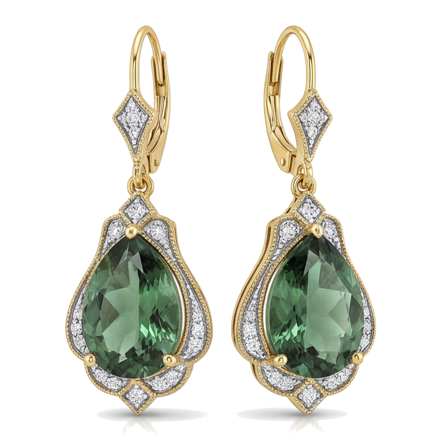 Green Tourmaline Earrings 5 Carat Lab Grown Pear Milgrain Leverback 14K Yellow Gold