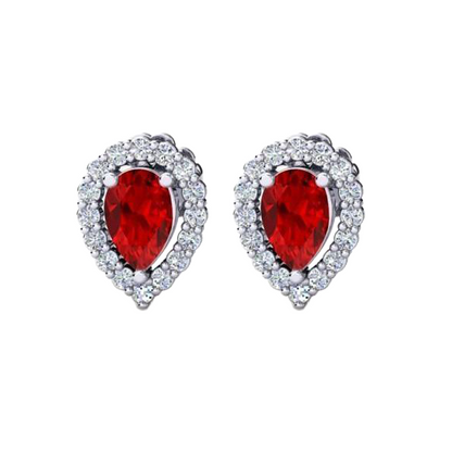 Halo Red Ruby With Natural Earth Mined Diamond Ladies Stud Earring 3.50 Ct.White Gold 14K