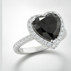 Heart Cut Black Diamond and White Diamond Halo Ring Natural 14K White Gold