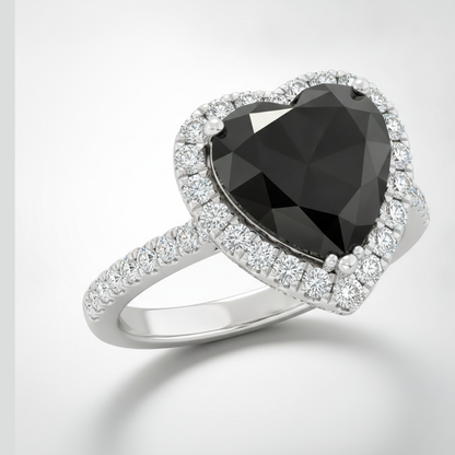 Heart Cut Black Diamond and White Diamond Halo Ring Natural 14K White Gold
