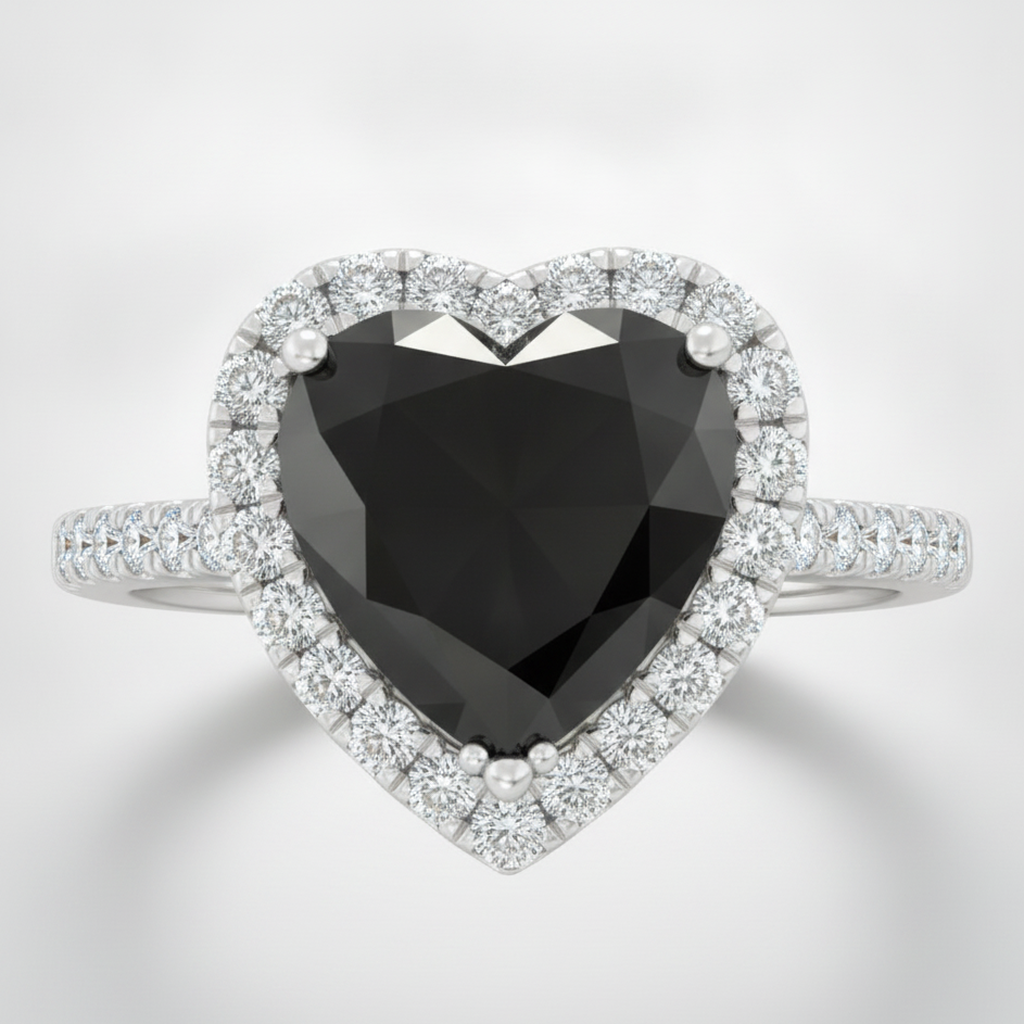 Heart Cut Black Diamond and White Diamond Halo Ring Natural 14K White Gold