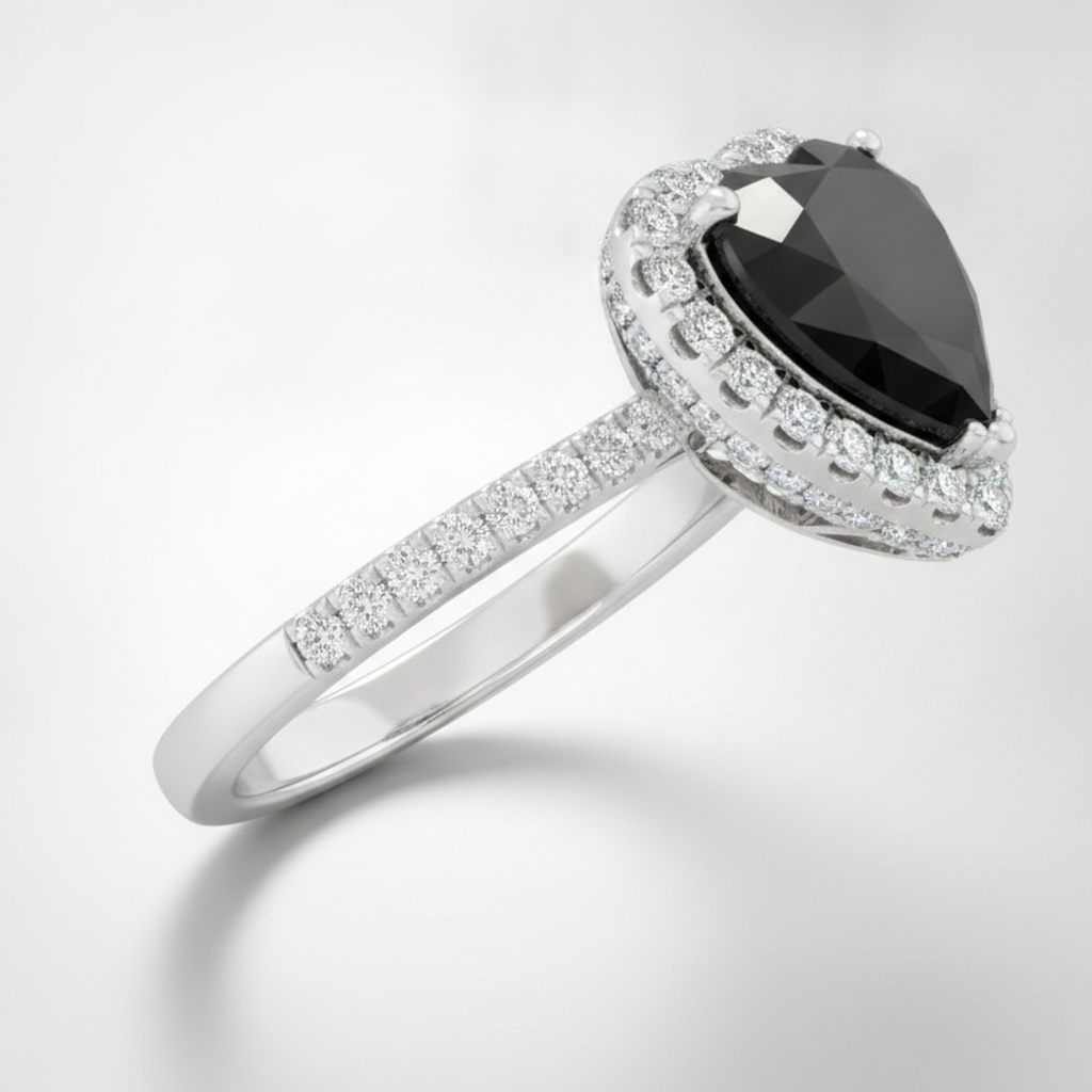 Heart Cut Black Diamond and White Diamond Halo Ring Natural 14K White Gold