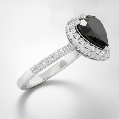 Heart Cut Black Diamond and White Diamond Halo Ring Natural 14K White Gold