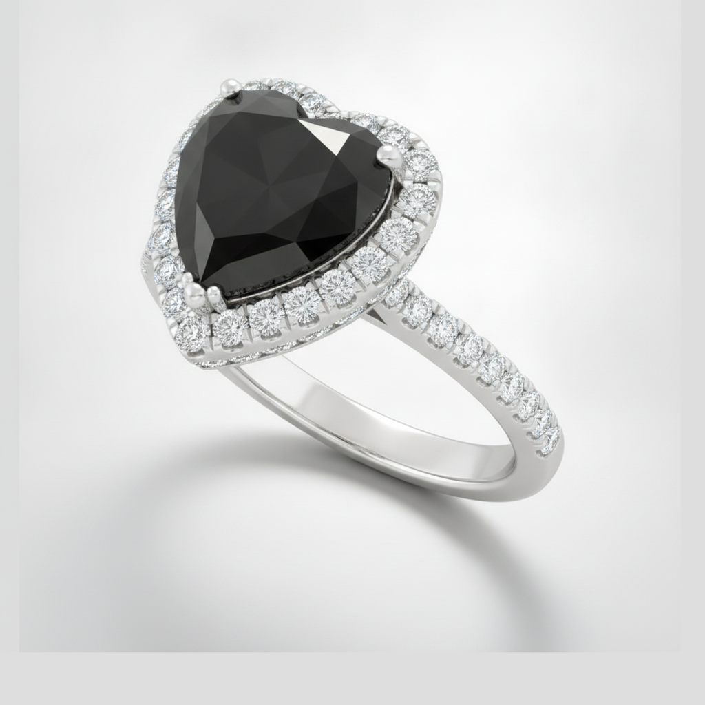 Heart Cut Black Diamond and White Diamond Halo Ring Natural 14K White Gold