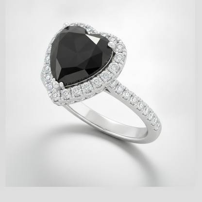 Heart Cut Black Diamond and White Diamond Halo Ring Natural 14K White Gold