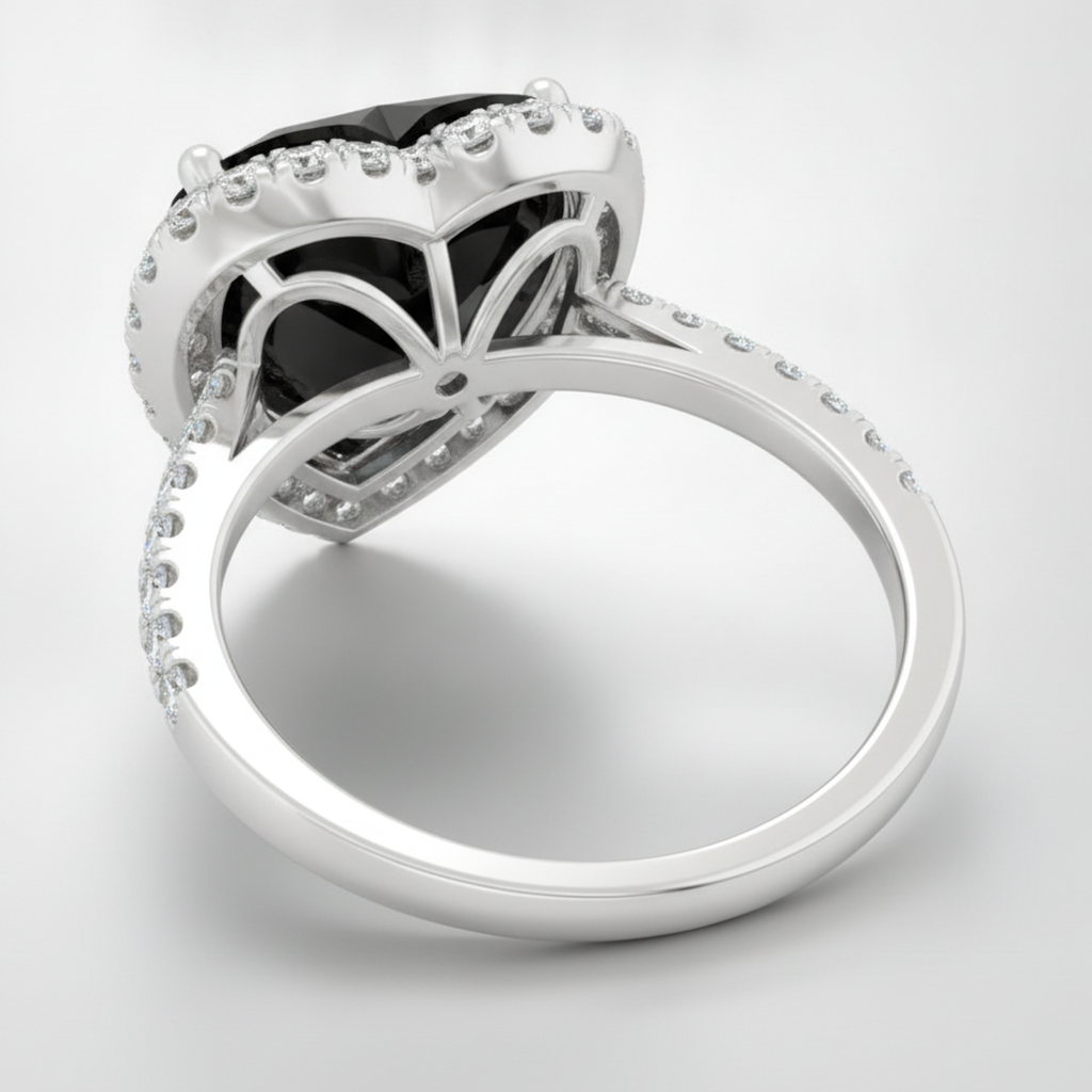 Heart Cut Black Diamond and White Diamond Halo Ring Natural 14K White Gold