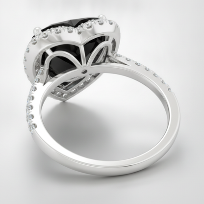 Heart Cut Black Diamond and White Diamond Halo Ring Natural 14K White Gold