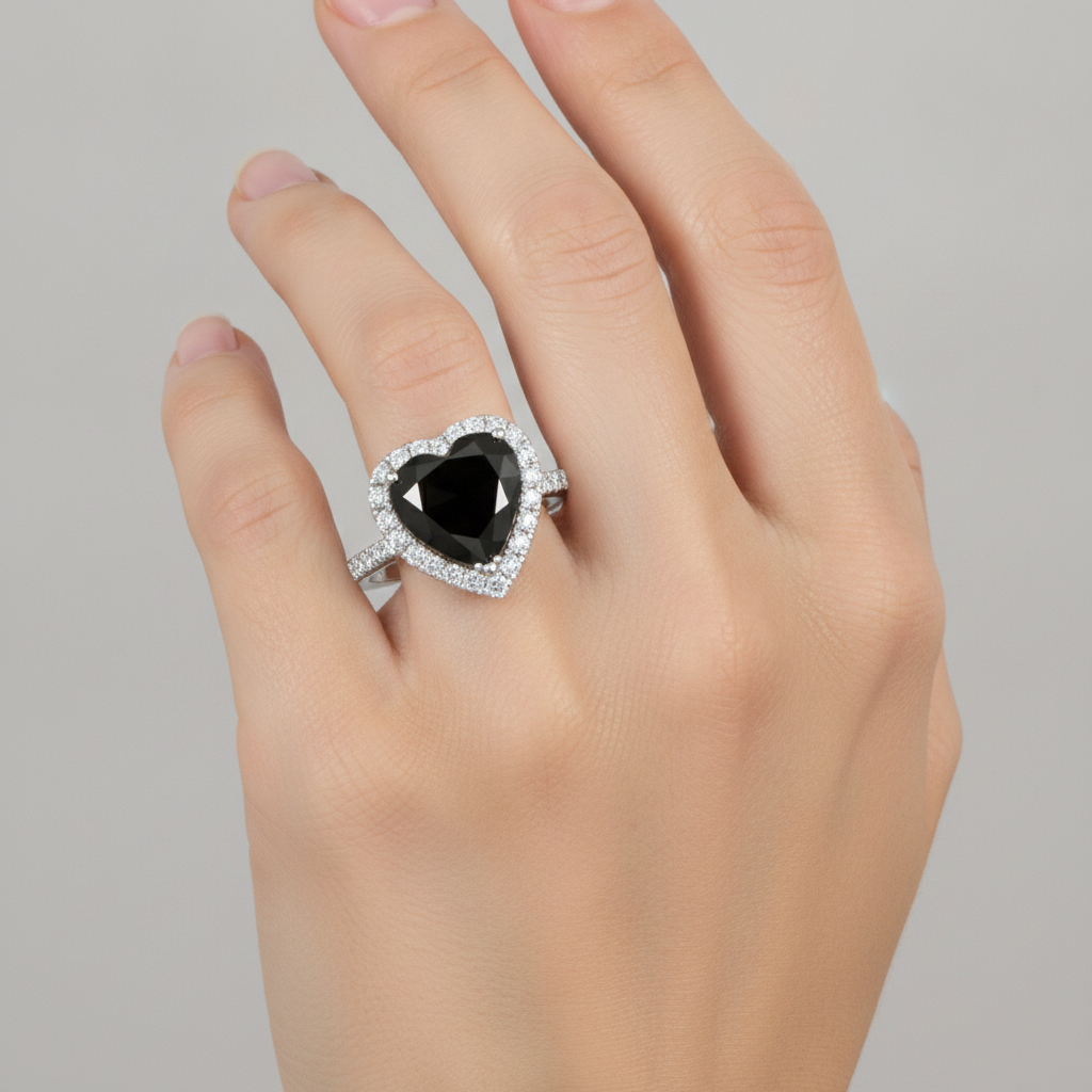 Heart Cut Black Diamond and White Diamond Halo Ring Natural 14K White Gold