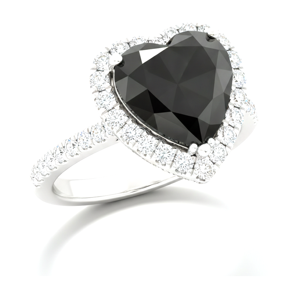 Heart Cut Black Diamond and White Diamond Halo Ring Natural 14K White Gold