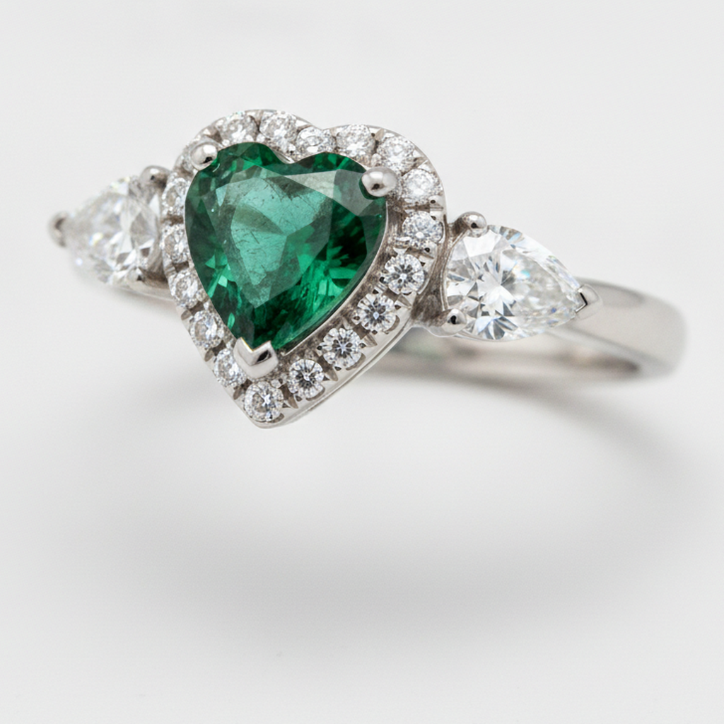 Heart Cut Emerald and Diamond Three Stone Halo Ring Natural Platinum