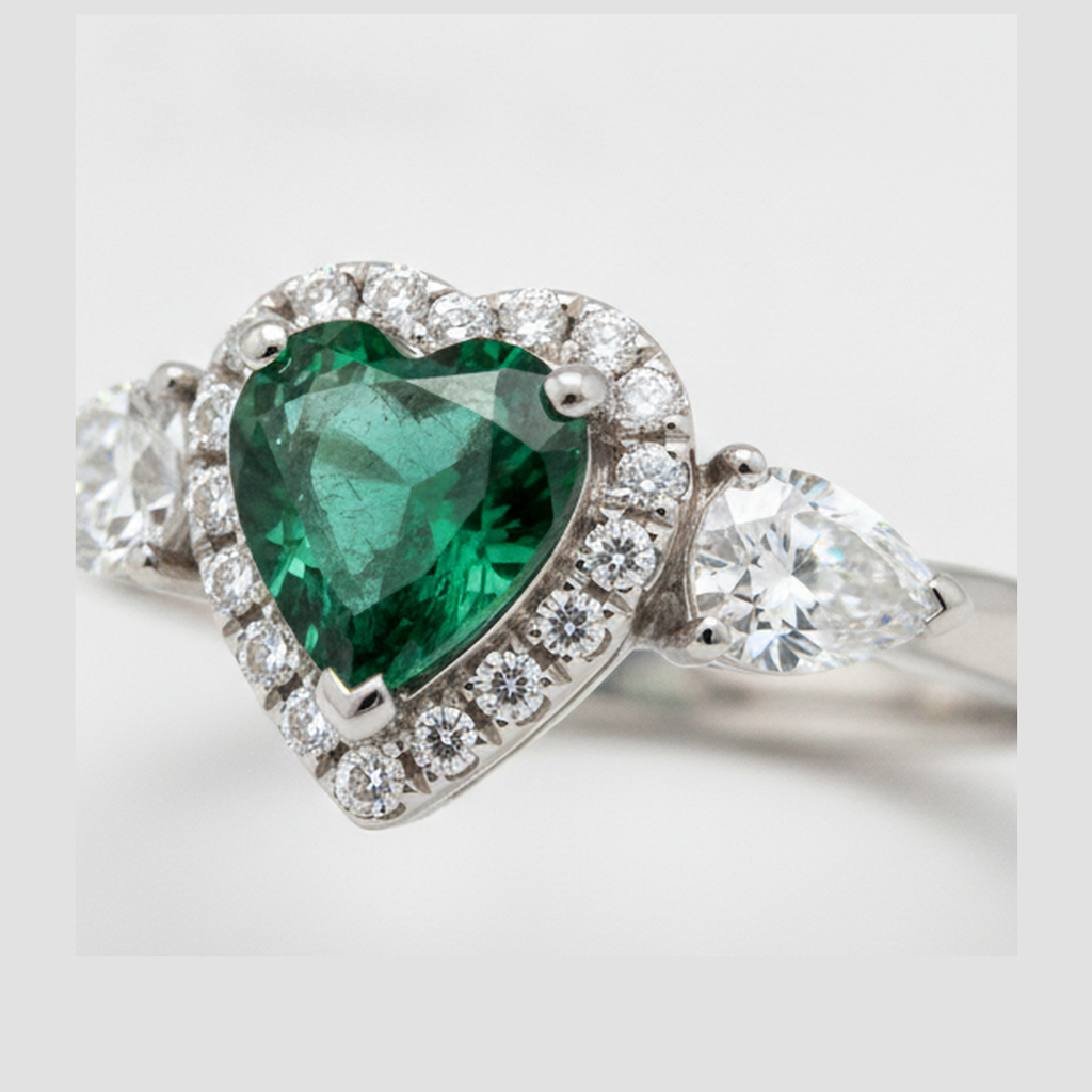 Heart Cut Emerald and Diamond Three Stone Halo Ring Natural Platinum