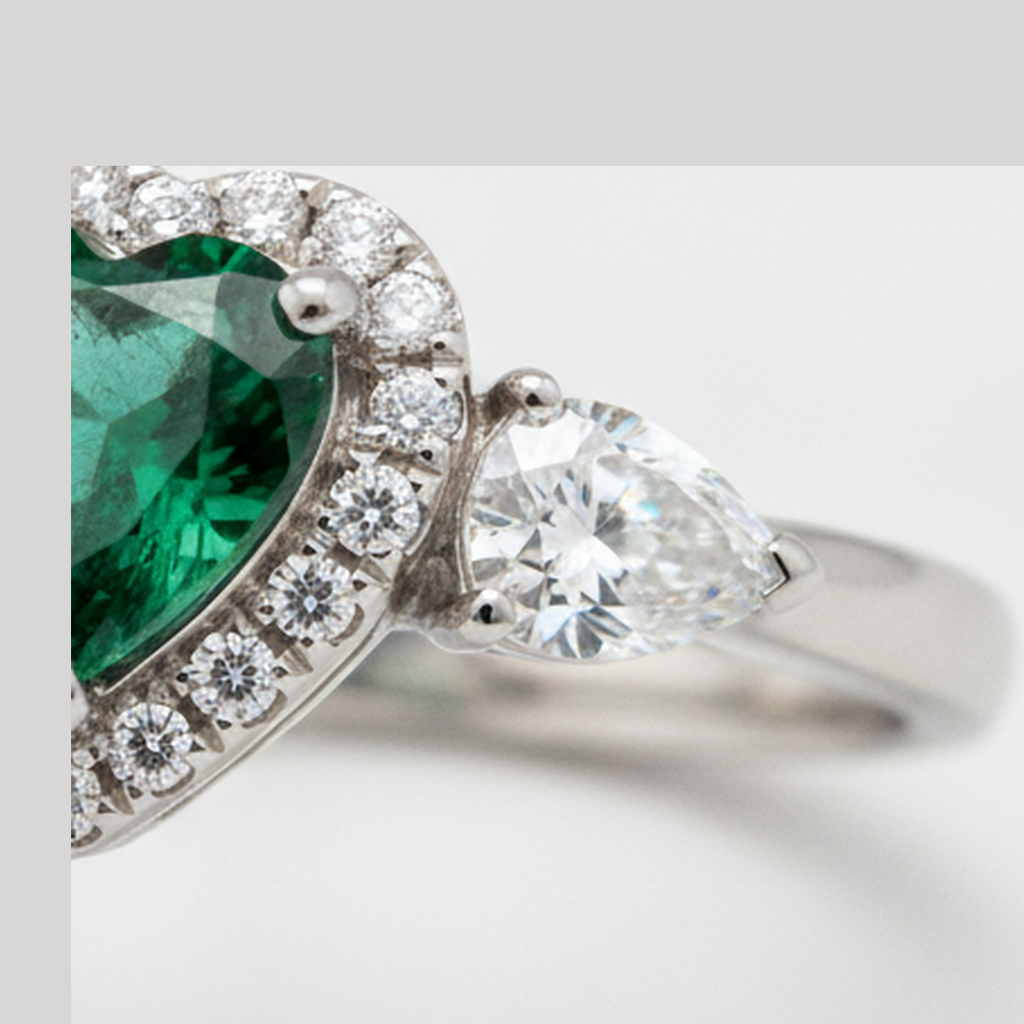 Heart Cut Emerald and Diamond Three Stone Halo Ring Natural Platinum