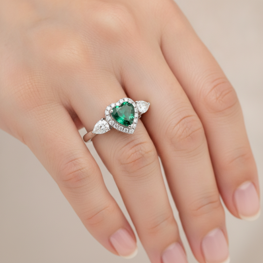 Heart Cut Emerald and Diamond Three Stone Halo Ring Natural Platinum