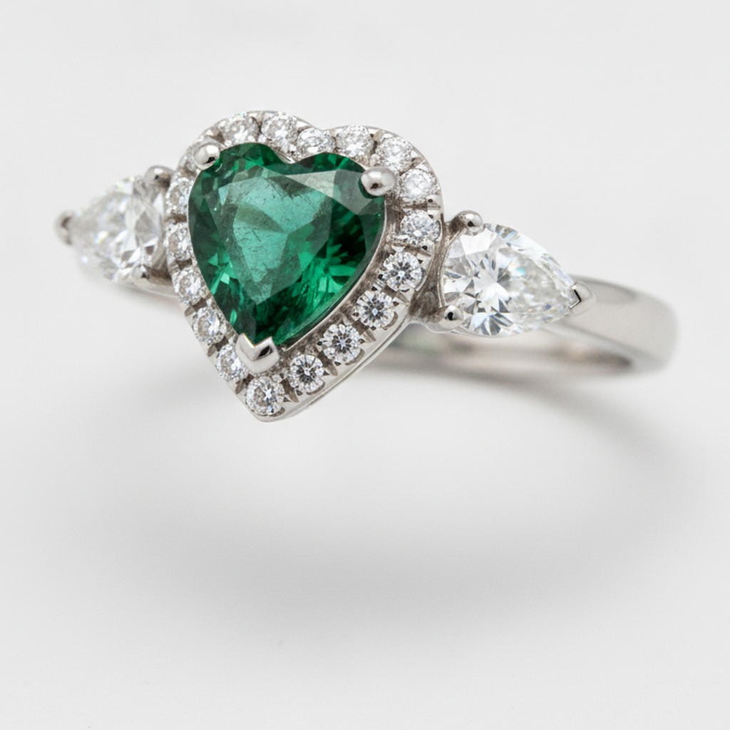 Heart Cut Emerald and Diamond Three Stone Halo Ring Natural Platinum