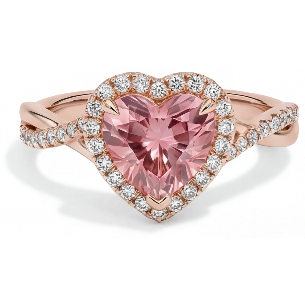 Heart Lab Grown Padparadscha and Lab Grown Diamond Halo Ring 14K Rose Gold