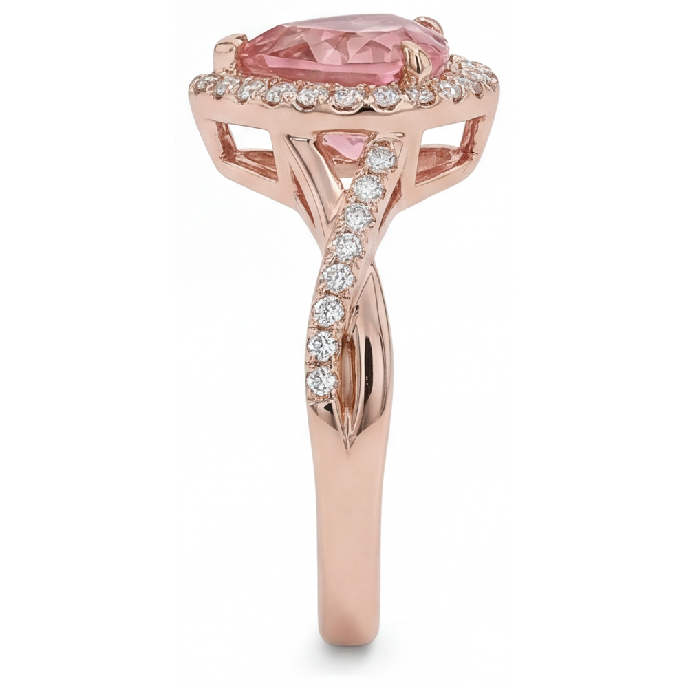 Heart Lab Grown Padparadscha and Lab Grown Diamond Halo Ring 14K Rose Gold