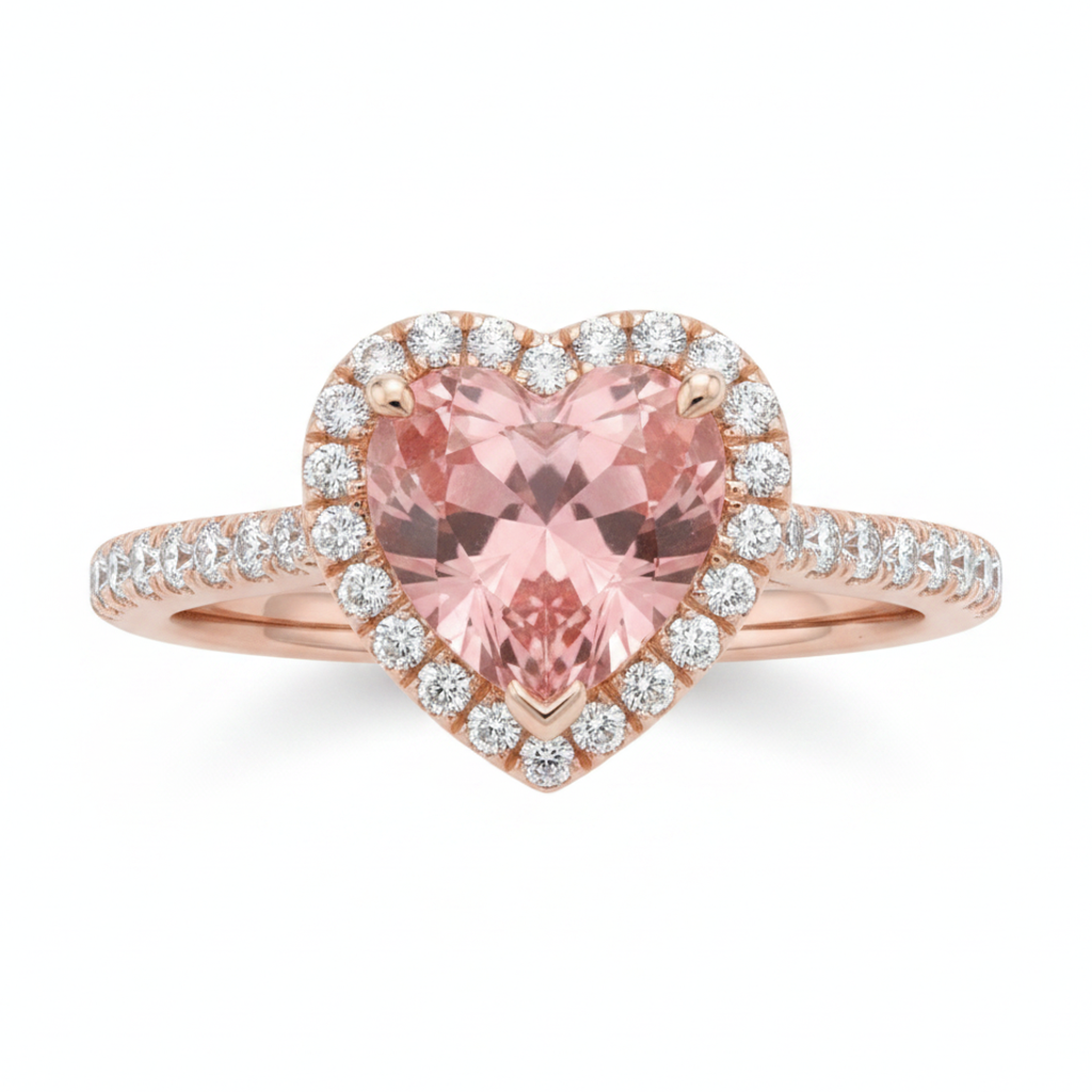 Heart Lab Grown Padparadscha and Lab Grown Diamond Halo Ring 14K Rose Gold