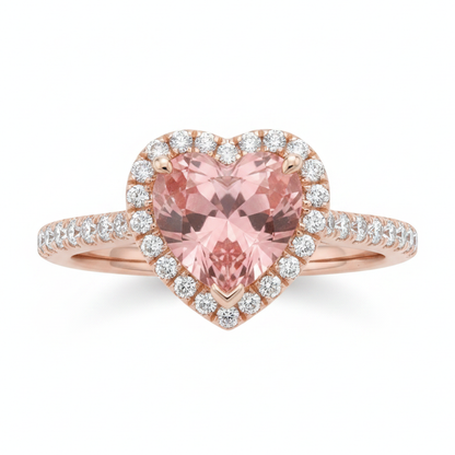Heart Lab Grown Padparadscha and Lab Grown Diamond Halo Ring 14K Rose Gold