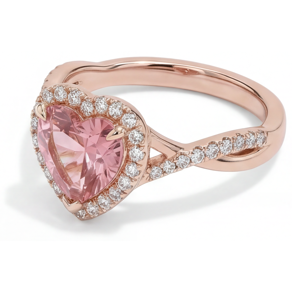 Heart Lab Grown Padparadscha and Lab Grown Diamond Halo Ring 14K Rose Gold