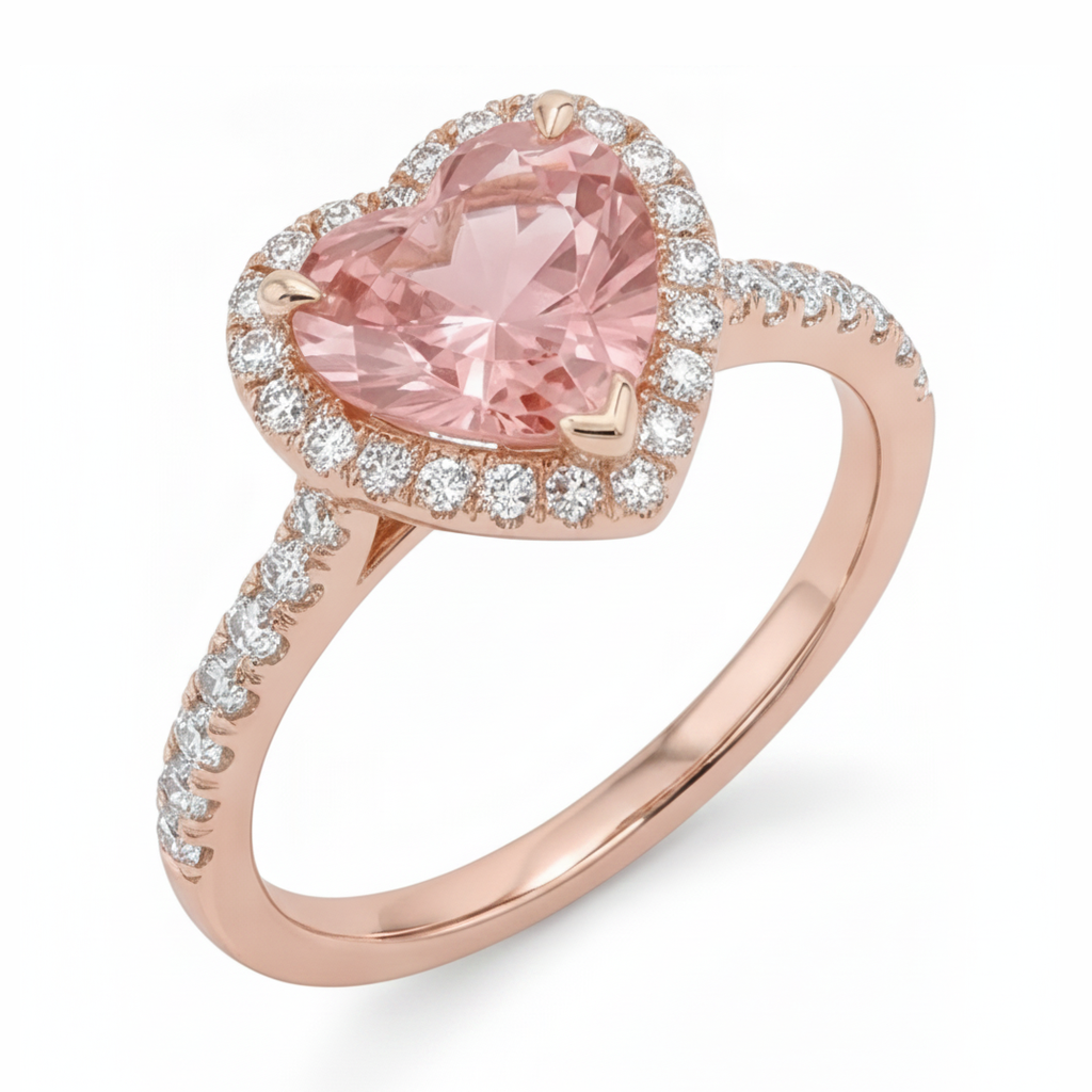 Heart Lab Grown Padparadscha and Lab Grown Diamond Halo Ring 14K Rose Gold