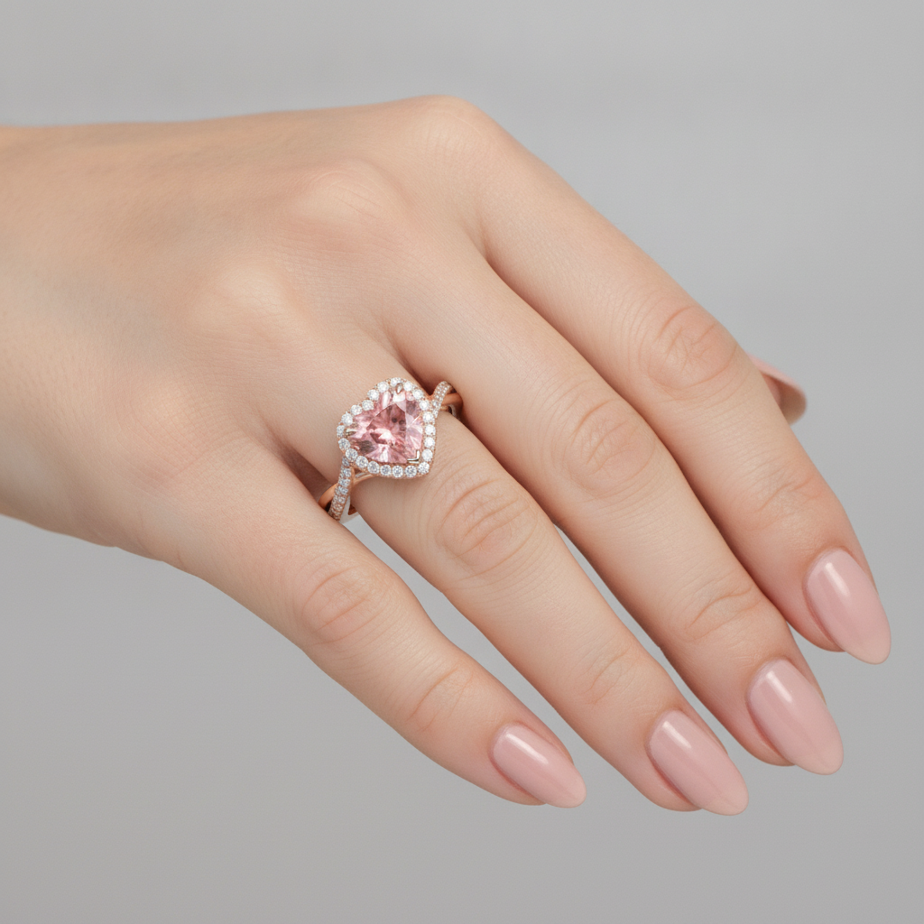 Heart Lab Grown Padparadscha and Lab Grown Diamond Halo Ring 14K Rose Gold