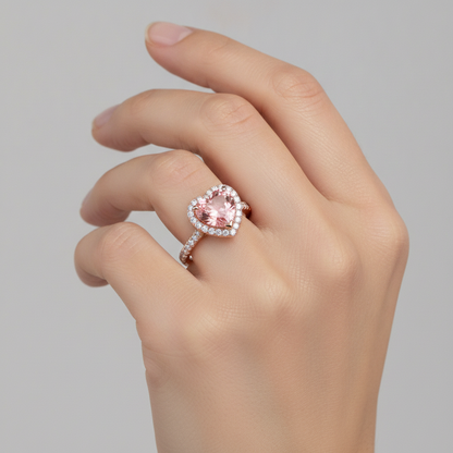 Heart Lab Grown Padparadscha and Lab Grown Diamond Halo Ring 14K Rose Gold