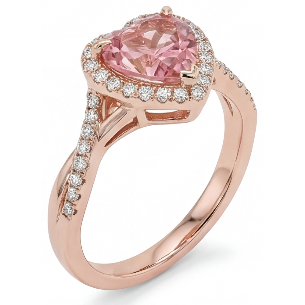 Heart Lab Grown Padparadscha and Lab Grown Diamond Halo Ring 14K Rose Gold