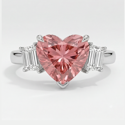 Heart Padparadscha and White Baguette Three Stone Ring Natural Platinum