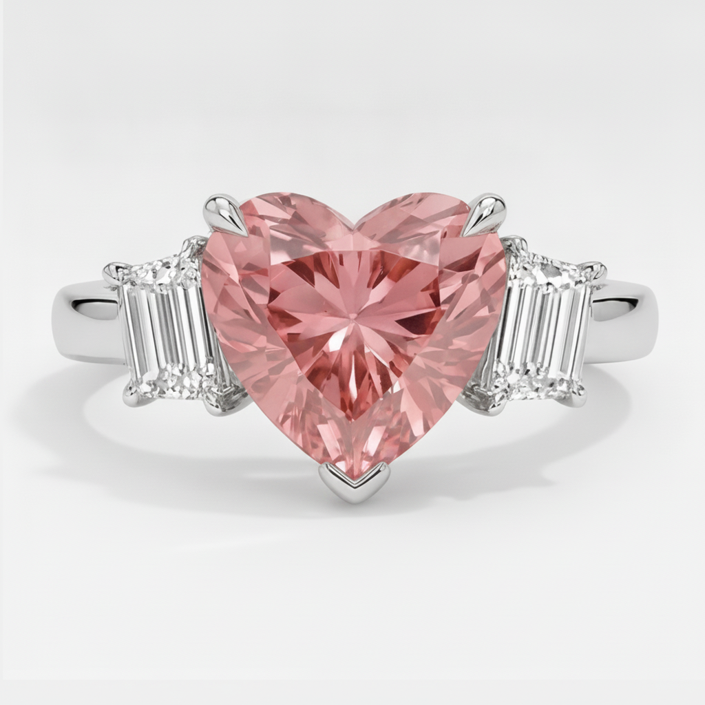 Heart Padparadscha and White Baguette Three Stone Ring Natural Platinum