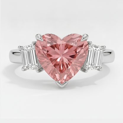 Heart Padparadscha and White Baguette Three Stone Ring Natural Platinum