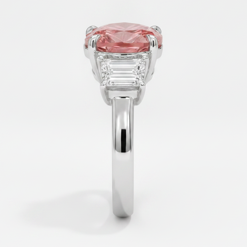 Heart Padparadscha and White Baguette Three Stone Ring Natural Platinum