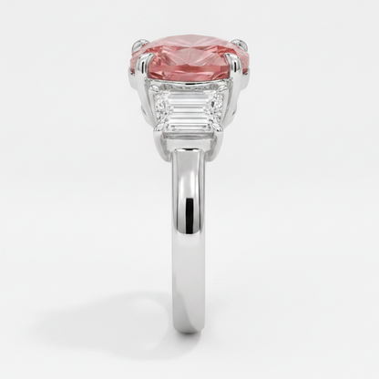 Heart Padparadscha and White Baguette Three Stone Ring Natural Platinum