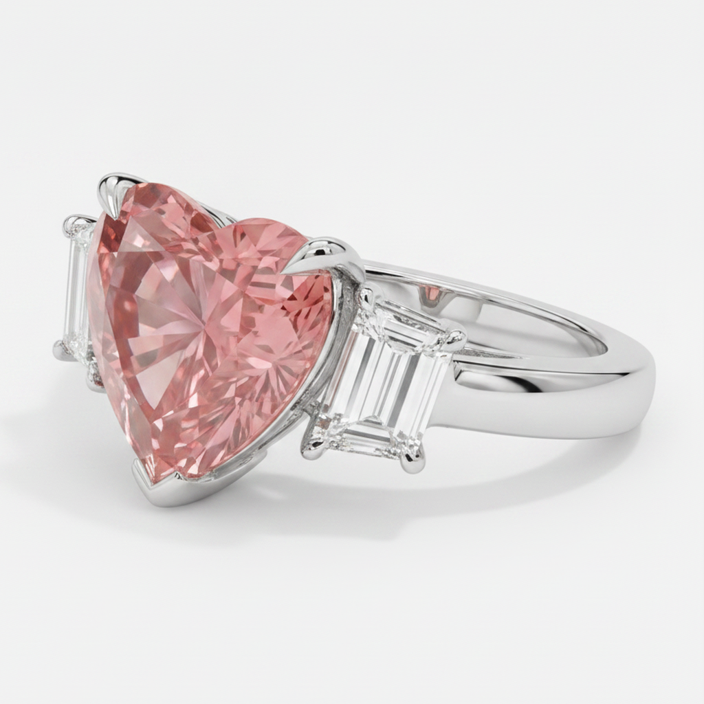 Heart Padparadscha and White Baguette Three Stone Ring Natural Platinum