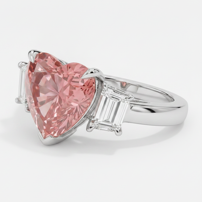 Heart Padparadscha and White Baguette Three Stone Ring Natural Platinum