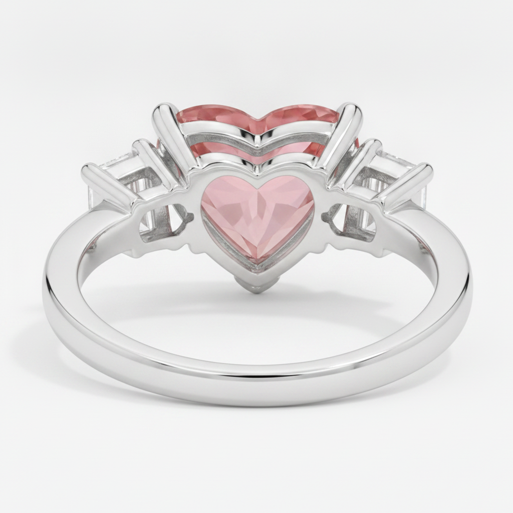 Heart Padparadscha and White Baguette Three Stone Ring Natural Platinum