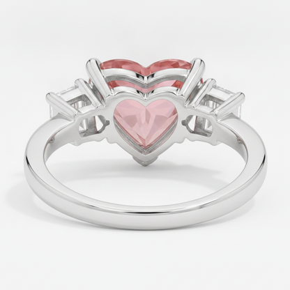 Heart Padparadscha and White Baguette Three Stone Ring Natural Platinum