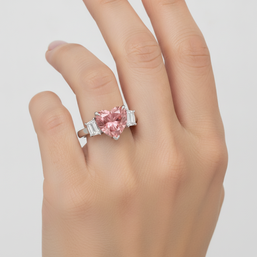 Heart Padparadscha and White Baguette Three Stone Ring Natural Platinum