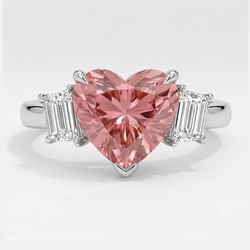 Padparadscha Sapphire Ring 3 Carat Natural Heart and White Baguette Three Stone Platinum