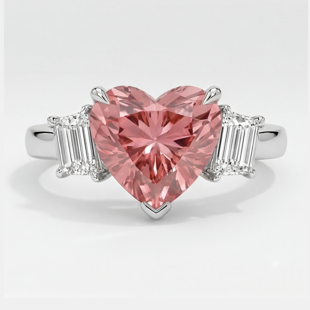 Heart Padparadscha and White Baguette Three Stone Ring Natural Platinum