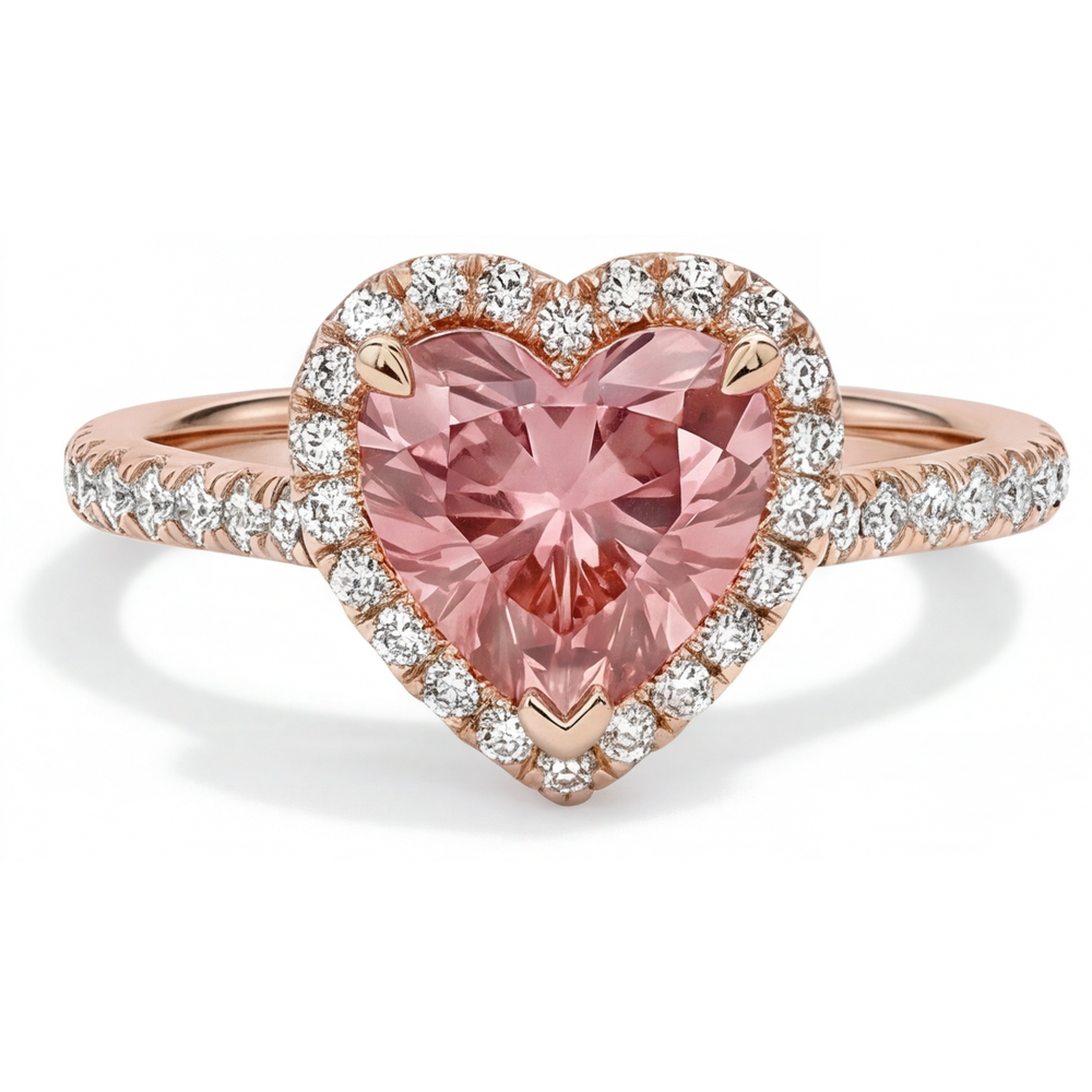 Heart Padparadscha and White Diamond Halo Ring Natural 14K Rose Gold