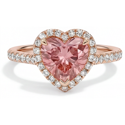 Heart Padparadscha and White Diamond Halo Ring Natural 14K Rose Gold