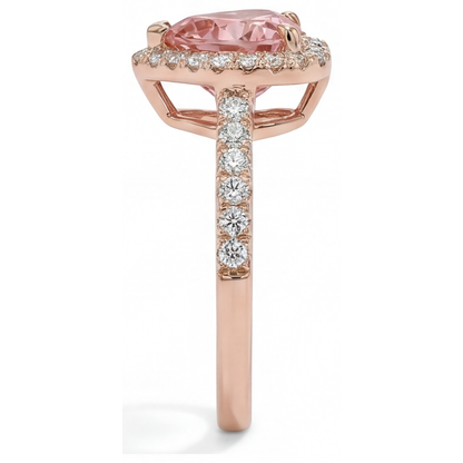 Heart Padparadscha and White Diamond Halo Ring Natural 14K Rose Gold