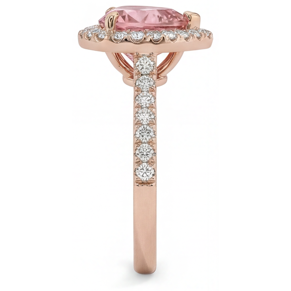 Heart Padparadscha and White Diamond Halo Ring Natural 14K Rose Gold